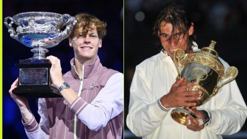 Pictured: Jannik Sinner at the 2024 Australian Open, Rafael Nadal at Wimbledon in 2008