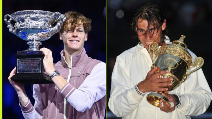 Pictured: Jannik Sinner at the 2024 Australian Open, Rafael Nadal at Wimbledon in 2008