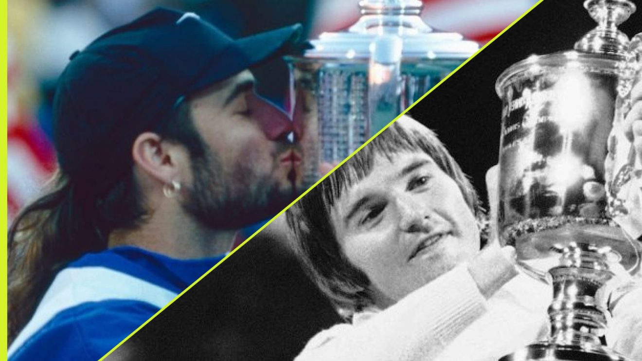 Pictured: Andre Agassi and Jimmy Connors celebrate US Open victories