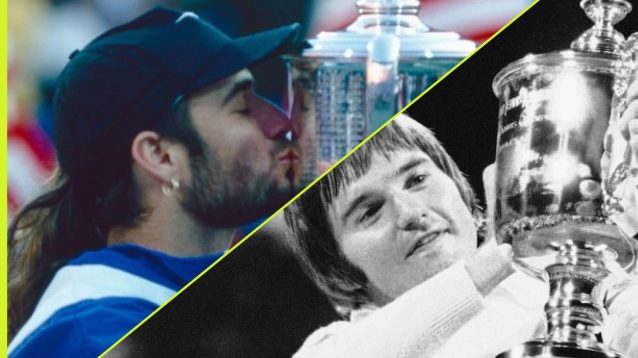 Pictured: Andre Agassi and Jimmy Connors celebrate US Open victories