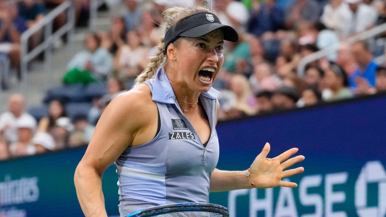 Yulia Putintseva reacts during a match