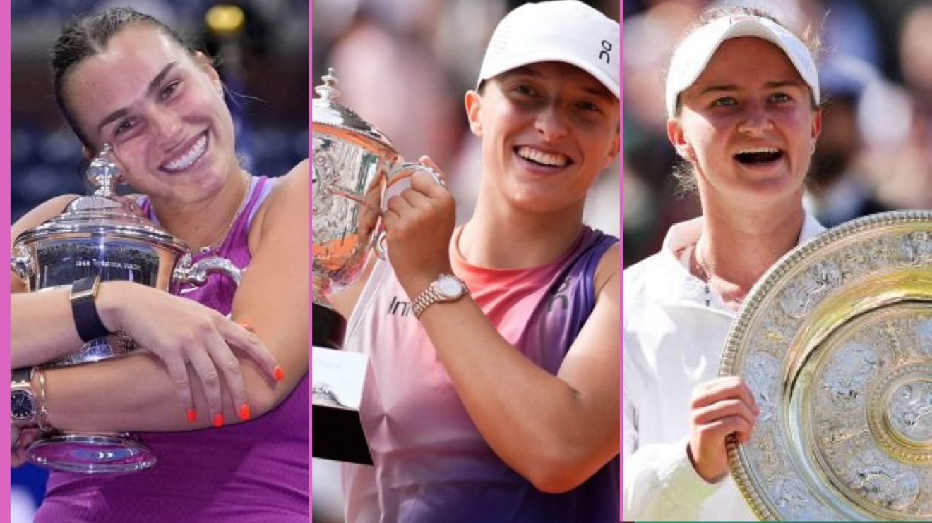 Pictured: Aryna Sabalenka at the US Open, Iga Swiatek at the French Open, Barbora Krejcikova at Wimbledon.