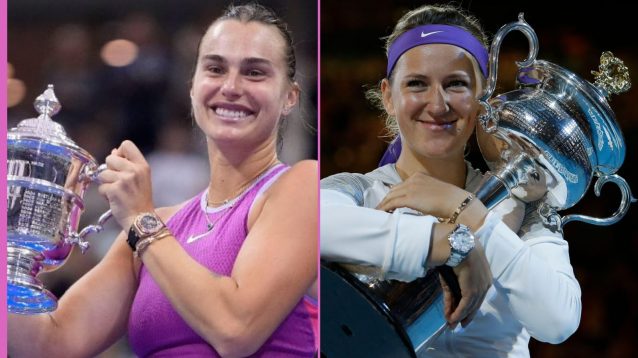 Pictured; Aryna Sabalenka at the 2024 US Open, Victoria Azarenka at the 2013 Australian Open
