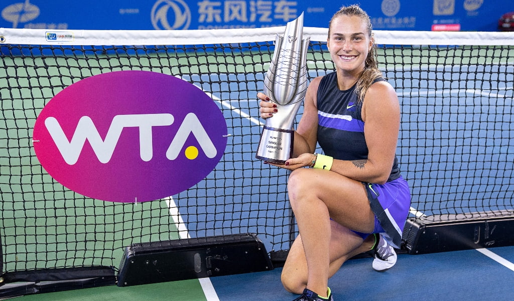 Pictured: Aryna Sabalenka with the 2019 Wuhan Open title.