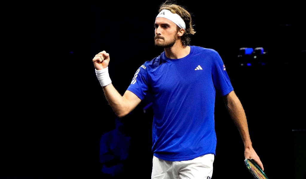Stefanos Tsitsipas celebrates during his 2024 Laver Cup win over Thanasi Kokkinakis