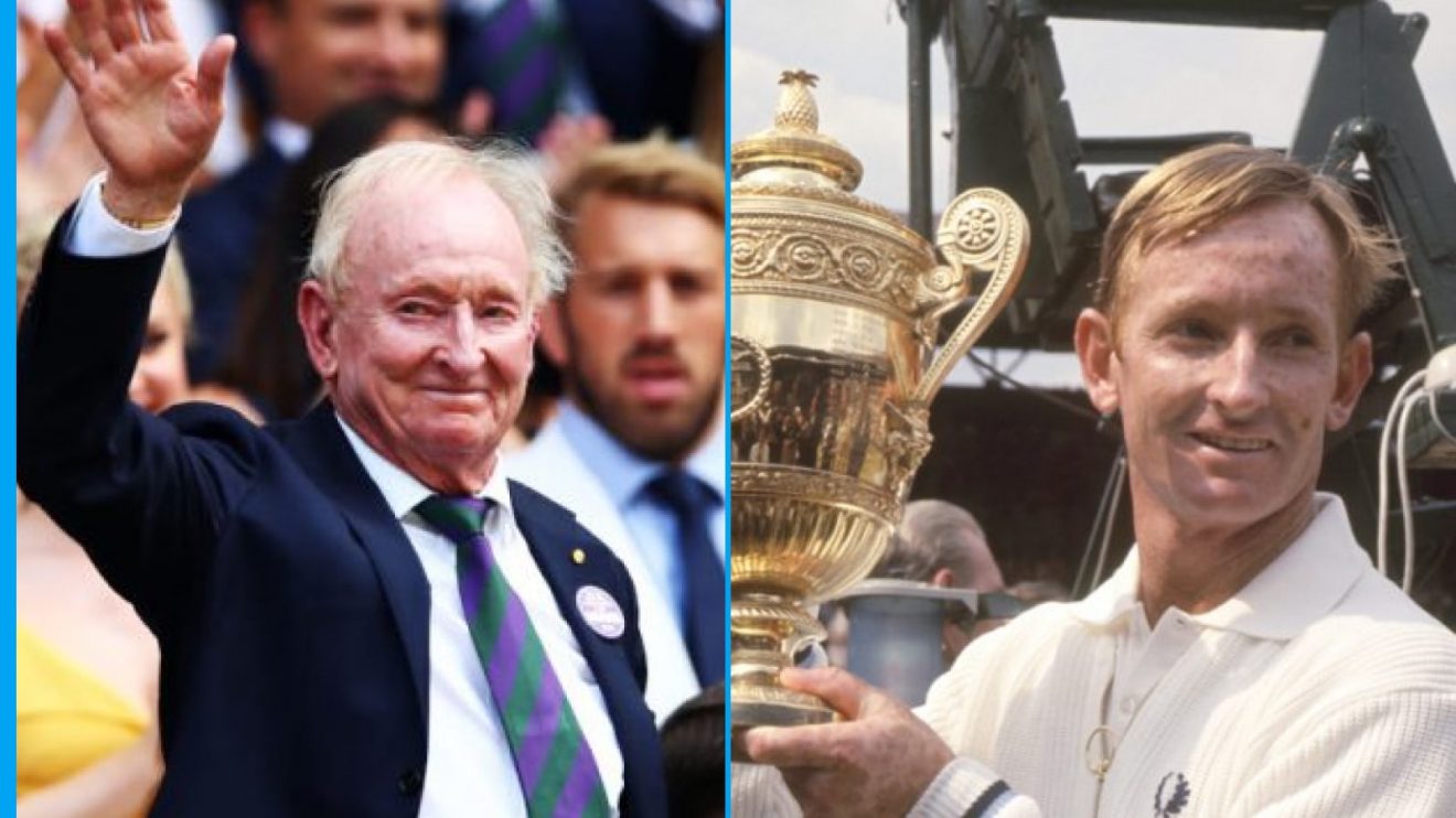 Rod Laver pictured at Wimbledon in the Royal Box, and during his playing career.