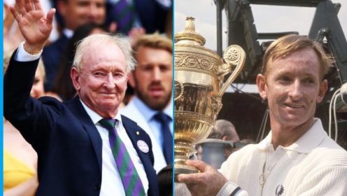 Rod Laver pictured at Wimbledon in the Royal Box, and during his playing career.