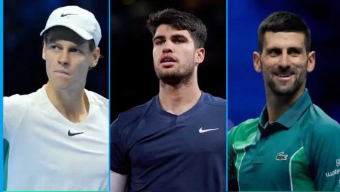 Pictured: Jannik Sinner, Carlos Alcaraz and Novak Djokovic