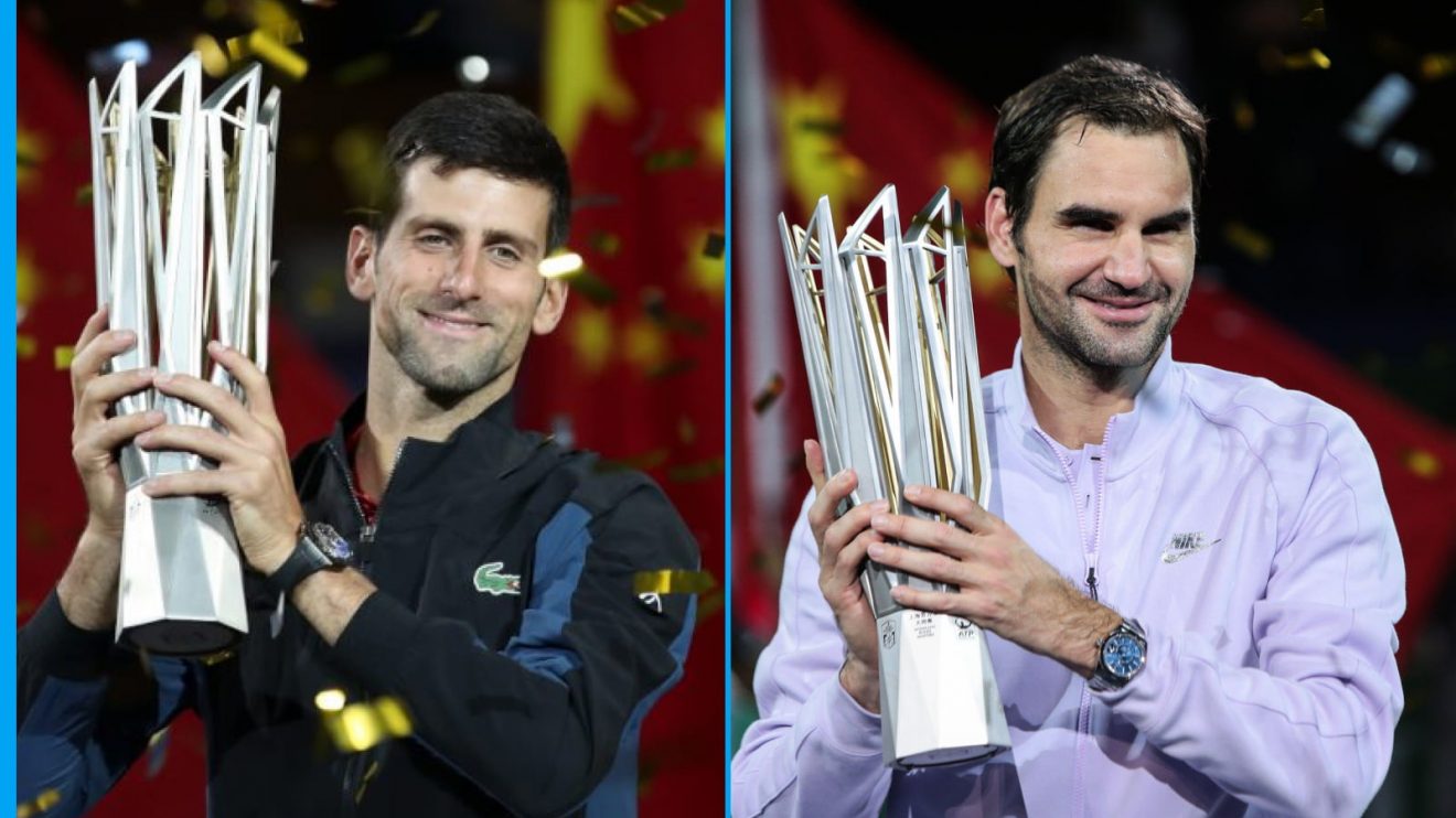 Pictured: Novak Djokovic and Roger Federer lifting the Shanghai Masters title