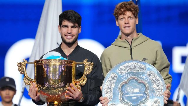 Carlos Alcaraz and Jannik Sinner after the China Open final in Beijing