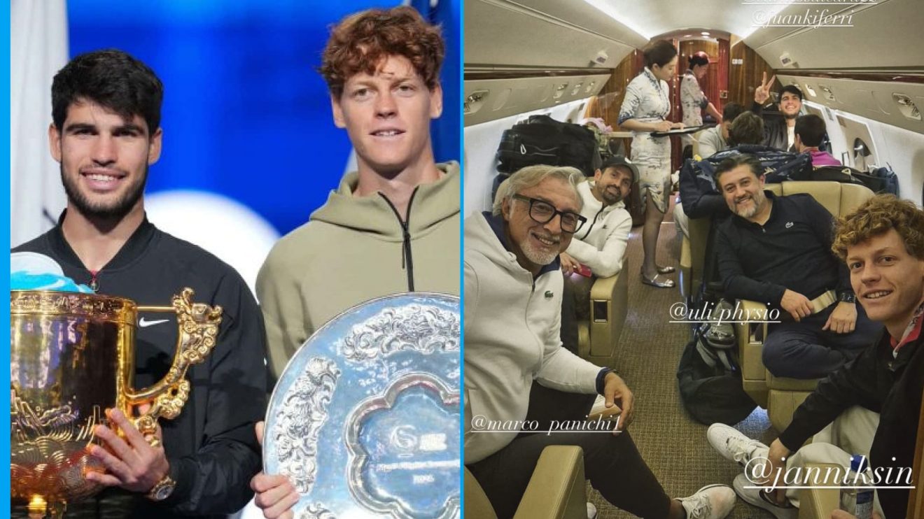 Pictured: Carlos Alcaraz and Jannik Sinner after the China Open final, and on a private jet to Shanghai