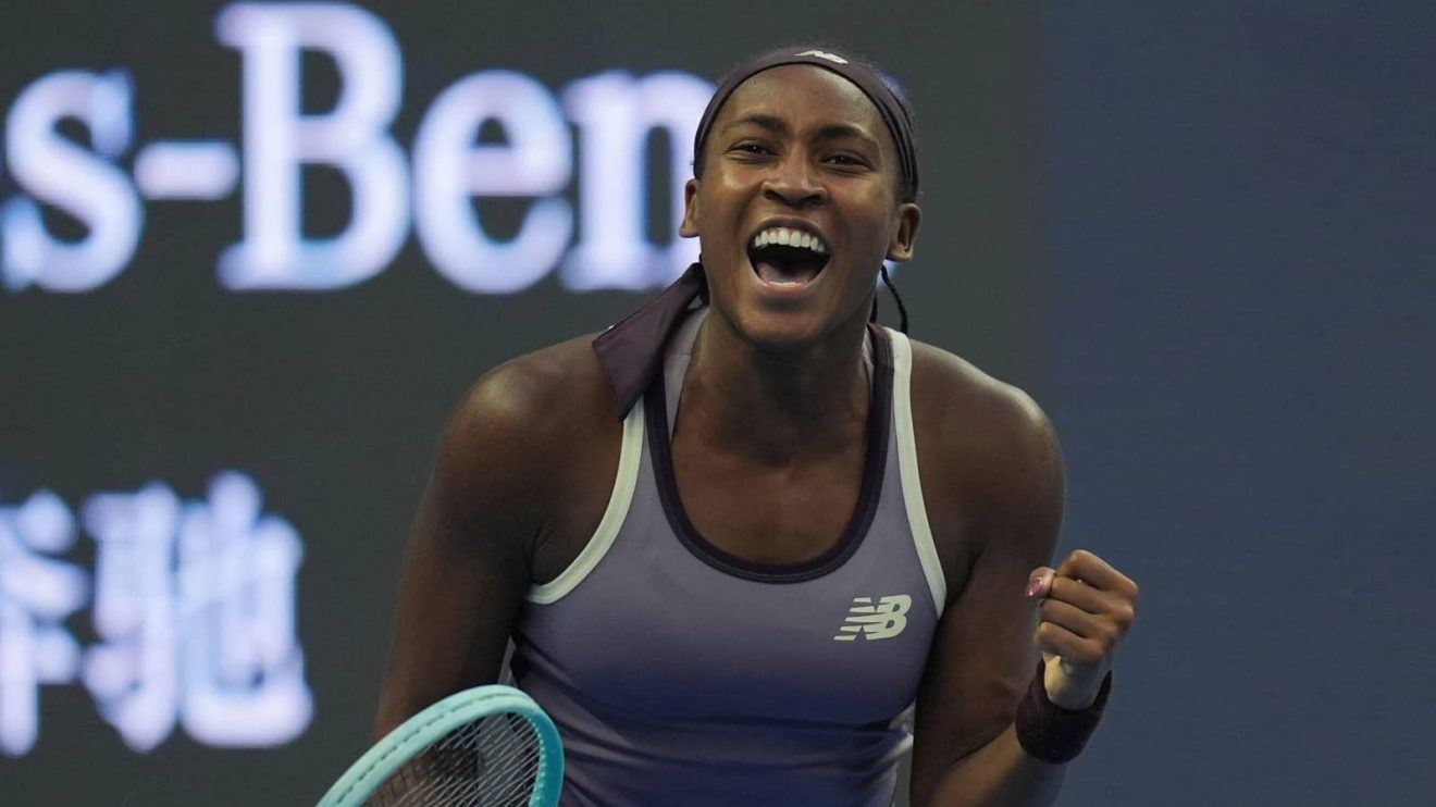 Coco Gauff celebrates reaching the Beijing final