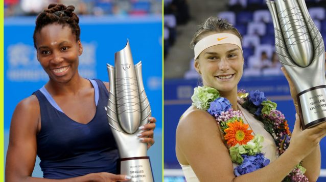 Pictured: Venus Williams and Aryna Sabalenka with the Wuhan Open title