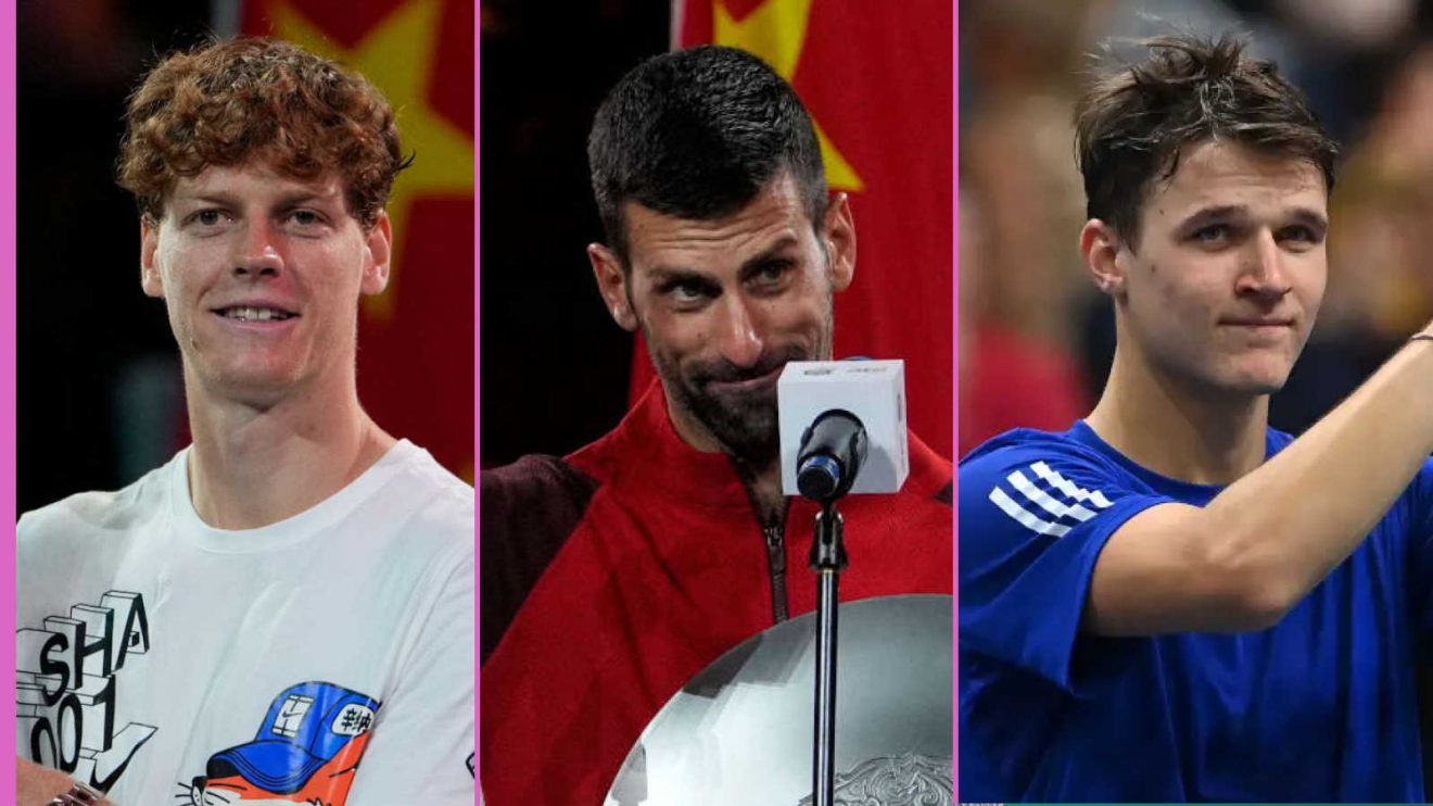 From left to right: Jannik Sinner, Novak Djokovic and Jakub Mensik
