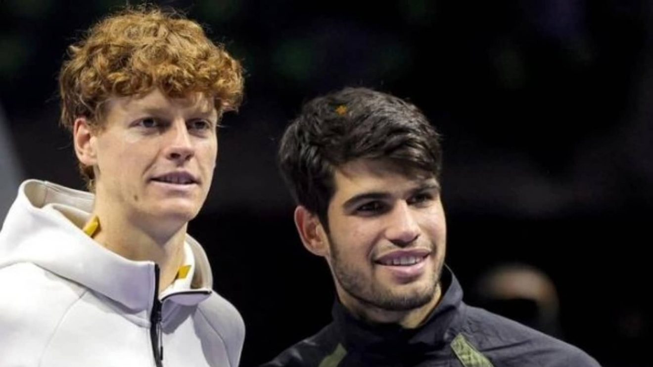 Jannik Sinner and Carlos Alcaraz after the Six Kings Slam final