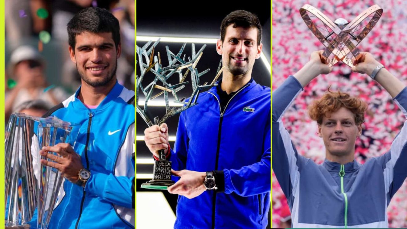 Carlos Alcaraz, Novak Djokovic and Jannik Sinner with Masters 1000 trophies