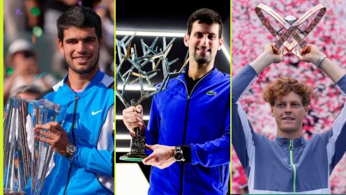 Carlos Alcaraz, Novak Djokovic and Jannik Sinner with Masters 1000 trophies