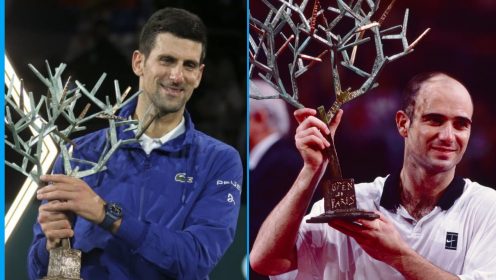 Pictured: Former champions Novak Djokovic and Andre Agassi at the Paris Masters.