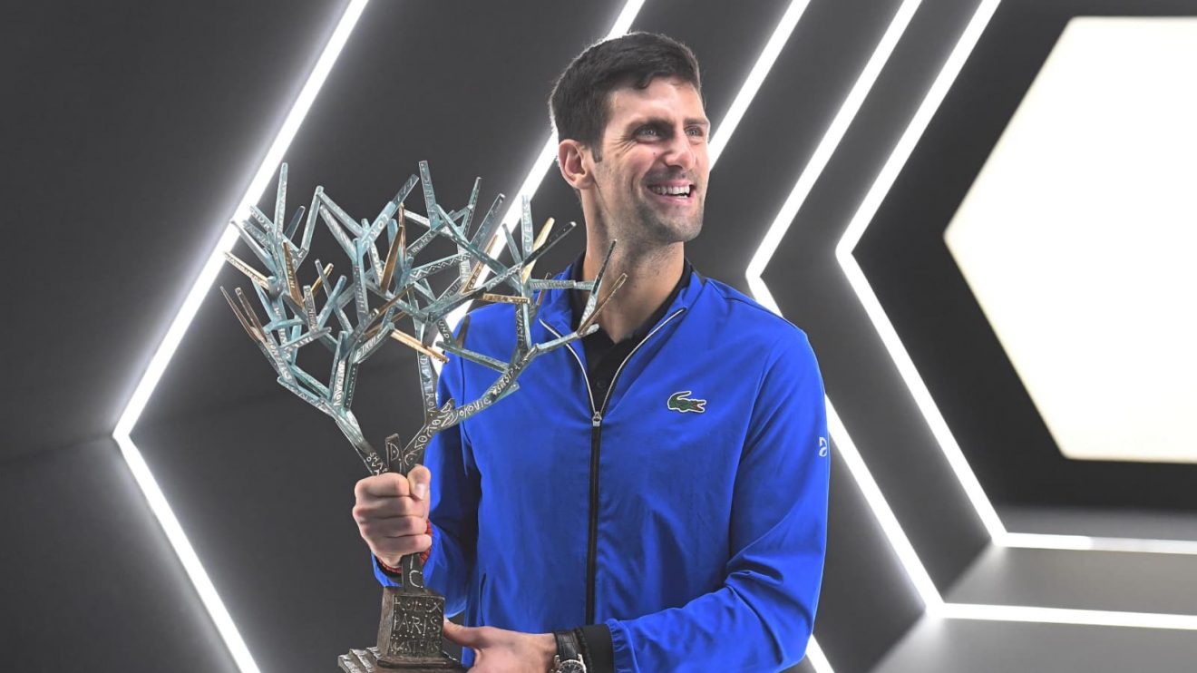 Novak Djokovic with the Paris Masters trophy in 2019