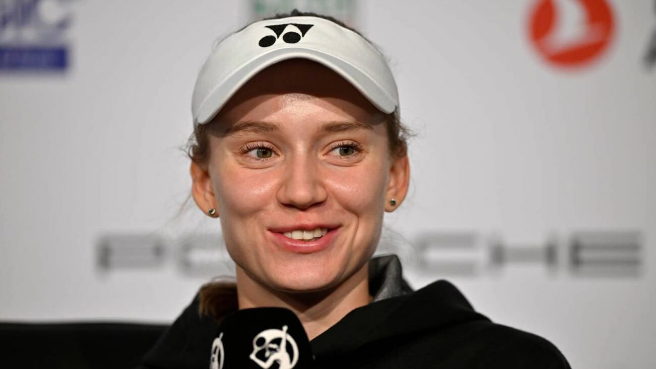 Pictured: Elena Rybakina smiles during a press conference