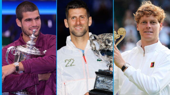 Pictured L-R: Carlos Alcaraz, Novak Djokovic, and Jannik Sinner.