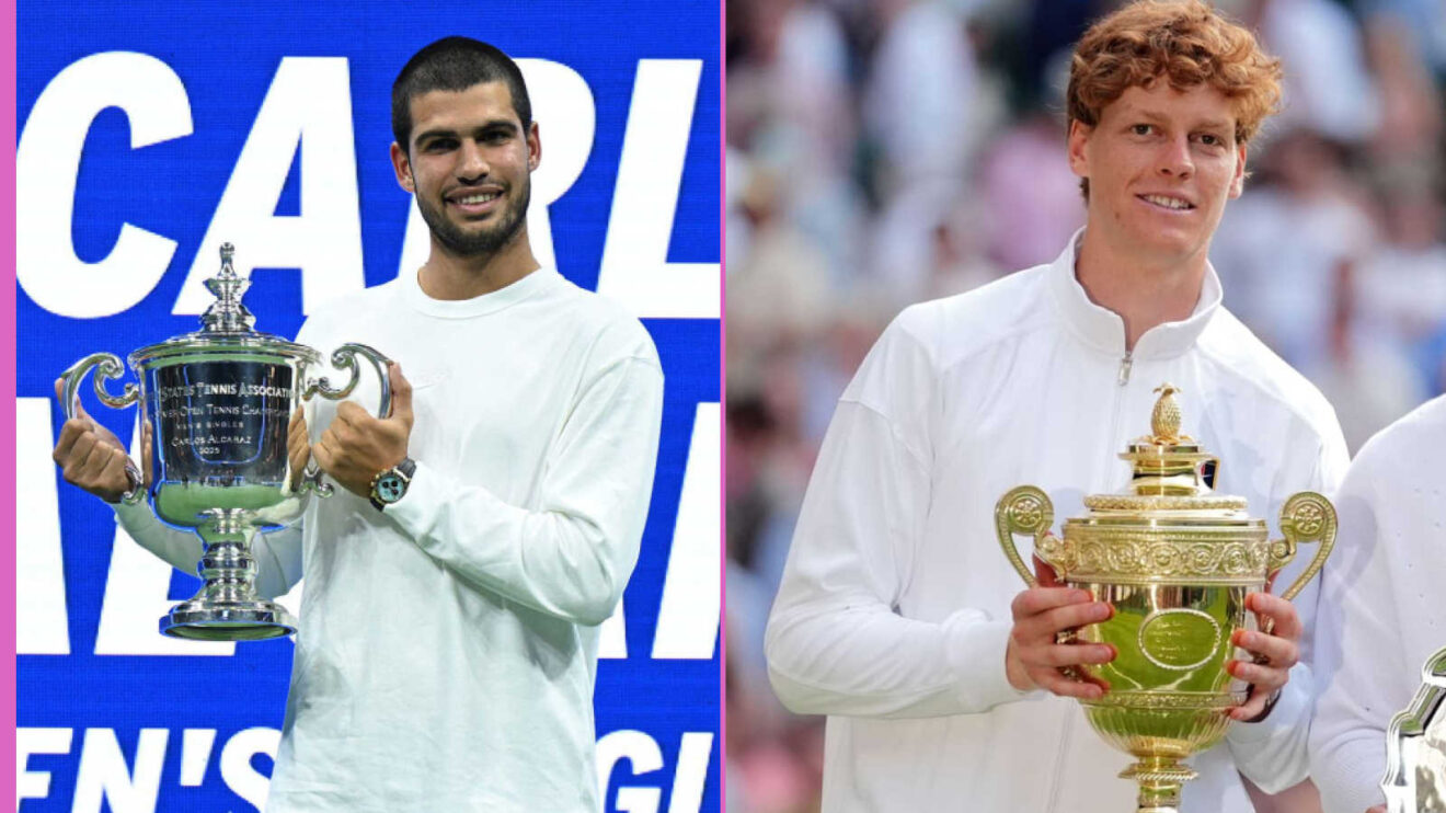 Pictured: Carlos Alcaraz and Jannik Sinner with trophies