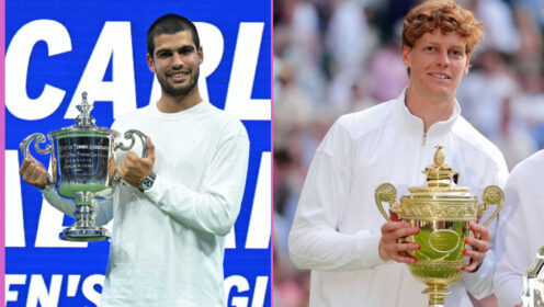 Pictured: Carlos Alcaraz and Jannik Sinner with trophies