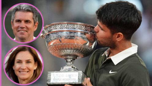 Pictured: Carlos Alcaraz with insets of his parents Carlos Alcaraz Sr and Virginia