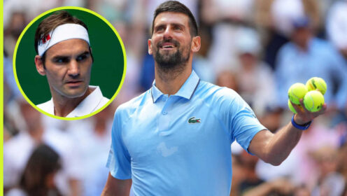 Pictured: Novak Djokovic with inset of Roger Federer