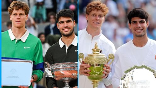 Pictured: Carlos Alcaraz and Jannik Sinner at the French Ooen and Wimbledon.