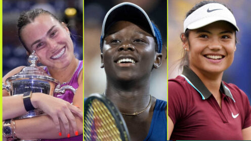 Pictured: Aryna Sabalenka, Victoria Mboko and Emma Raducanu