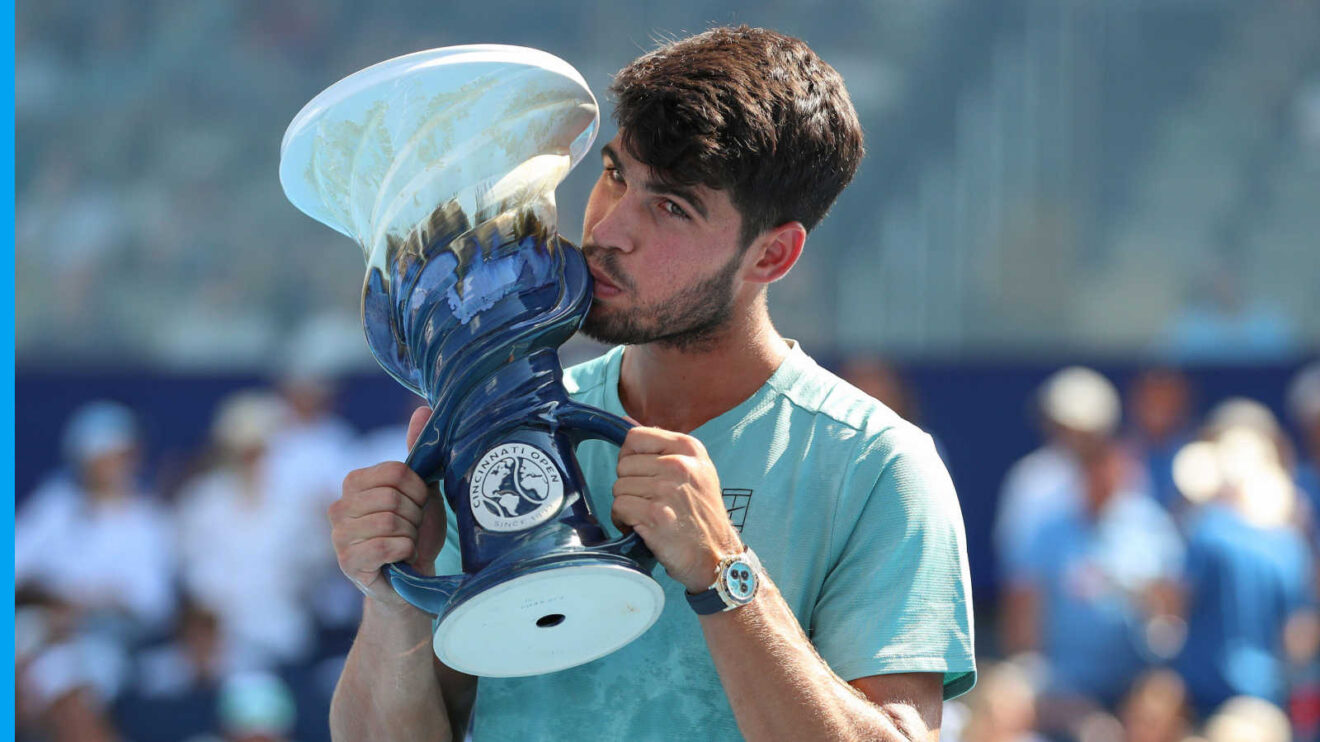 Pictured: Carlos Alcaraz with the Cincinnati Open trophy