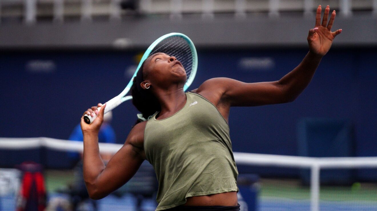 Coco Gauff hits a serve in practice at the 2025 US Open.