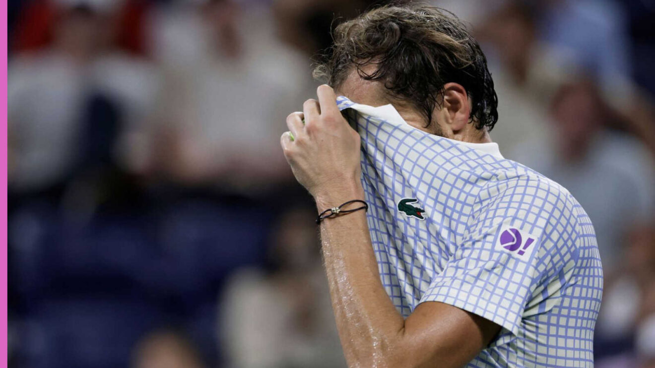 Pictured: Daniil Medvedev wipes his face