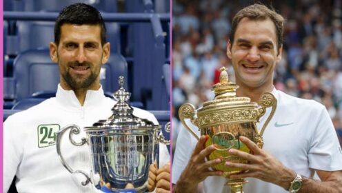 Pictured: Novak Djokovic at the 2023 US Open, Roger Federer at 2017 Wimbledon.
