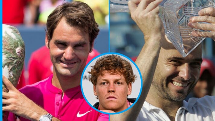Pictured: Roger Federer, Jannik Sinner, and Andre Agassi.