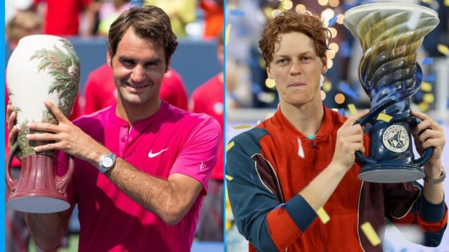 Pictured L-R: Roger Federer and Jannik Sinner lifting the Cincinnati Open title.