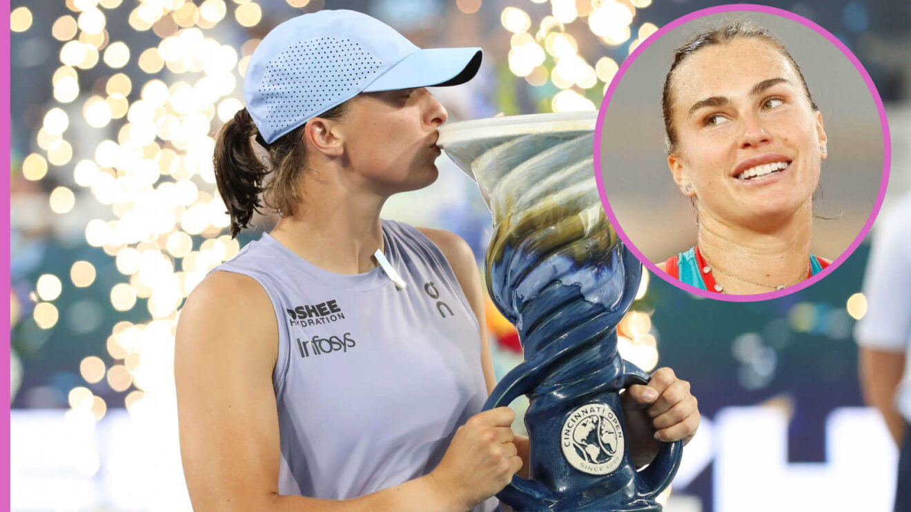 Pictured: Iga Swiatek with Cincinnati trophy and Aryna Sabalenka inset