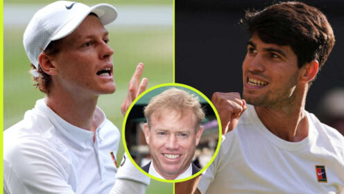 Pictured: Jannik Sinner and Carlos Alcaraz with Mark Petchey inset