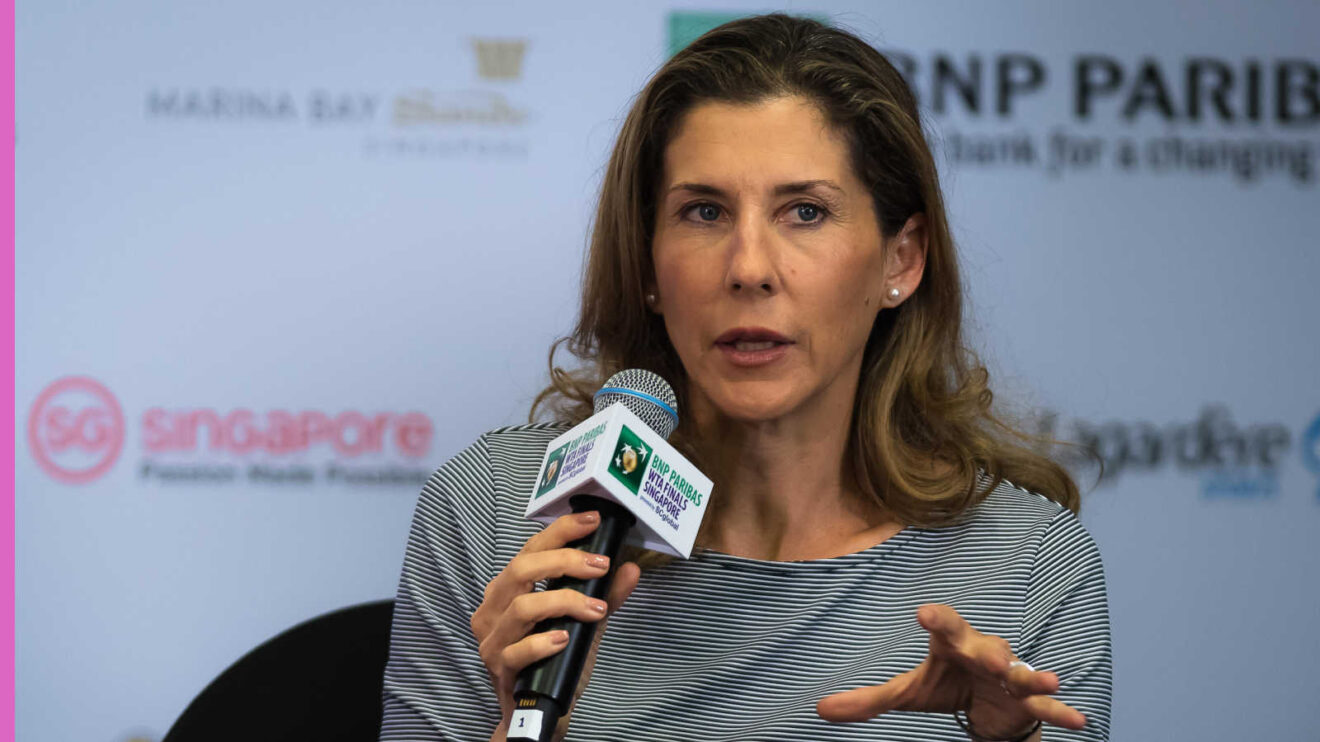 Pictured: Monica Seles speaks to the media