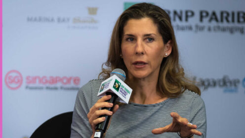 Pictured: Monica Seles speaks to the media