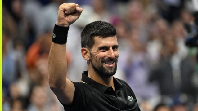 Novak Djokovic reacts after a win