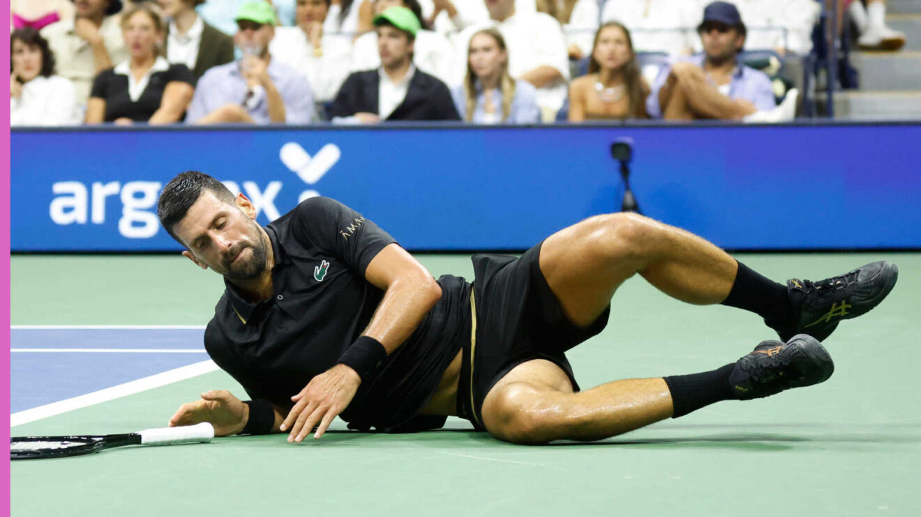 Pictured: Novak Djokovic falls during a match