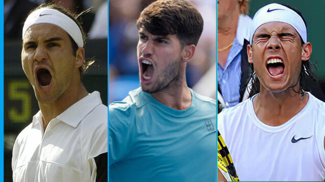 Pictured: Roger Federer, Carlos Alcaraz and Rafael Nadal