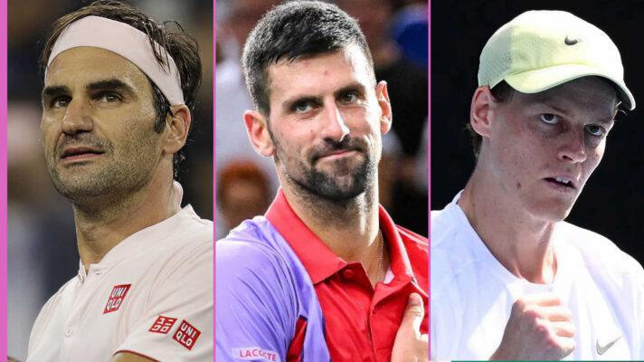 Pictured: Roger Federer, Novak Djokovic and Jannik Sinner