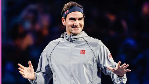 Pictured: Roger Federer speaks during a match