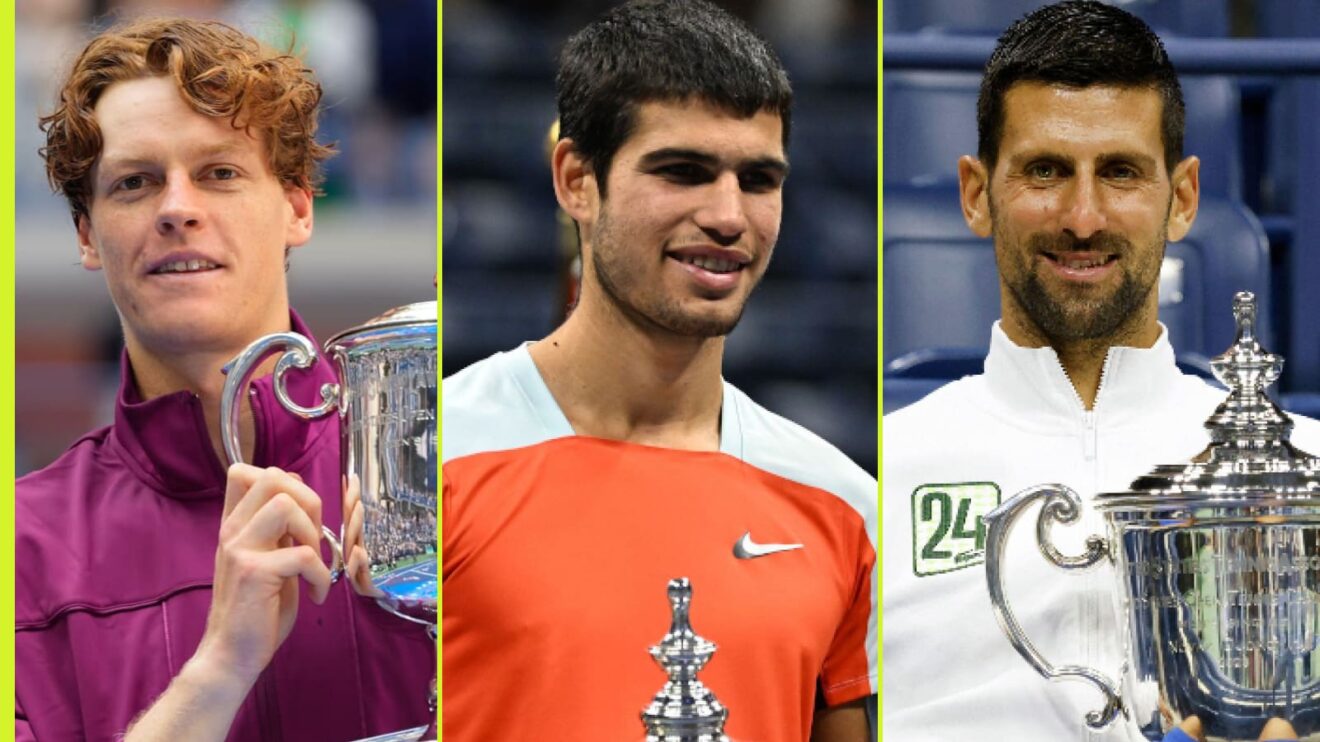 Pictured L-R: Jannik Sinner, Carlos Alcaraz, and Novak Djokovic.