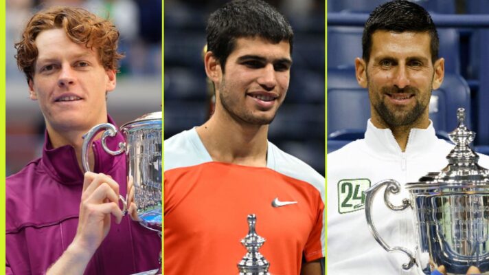 Pictured L-R: Jannik Sinner, Carlos Alcaraz, and Novak Djokovic.