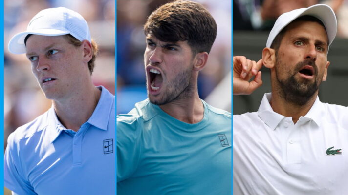 Pictured L-R: Jannik Sinner, Carlos Alcaraz, and Novak Djokovic.