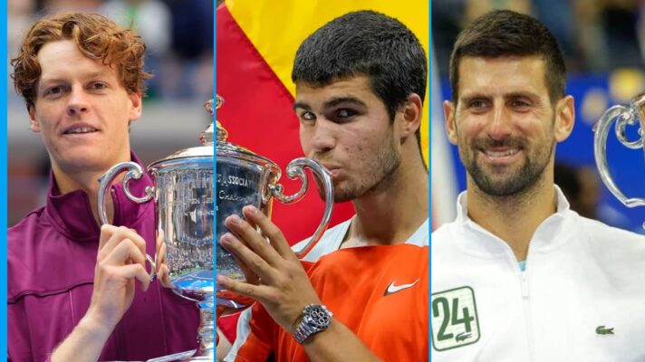 L-R: Jannik Sinner, Carlos Alcaraz, and Novak Djokovic, all holding the US Open title.